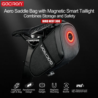 Gaciron Bird Nest Aero Saddle Bag w/Smart Tail Light 30LM  Small 