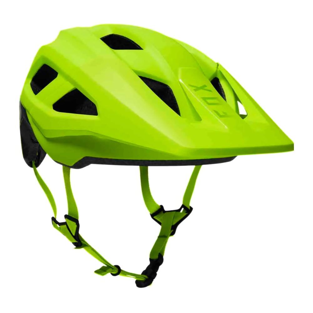 Green helmet with black straps on a white background